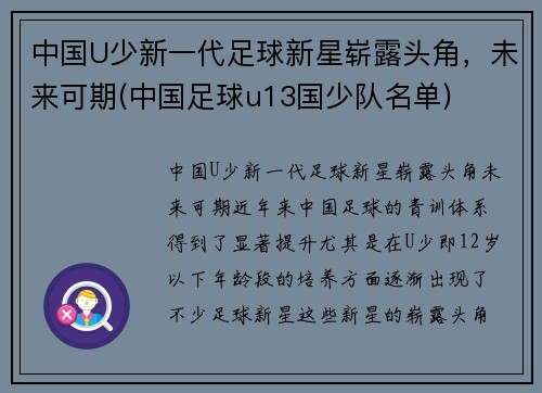 中国U少新一代足球新星崭露头角，未来可期(中国足球u13国少队名单)